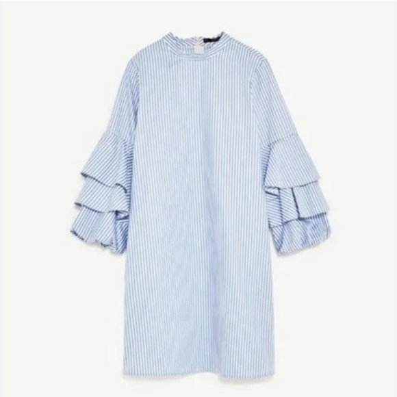 Zara Basic Stripe Shift Dress with Frilled Sleeves M - Picture 3 of 9